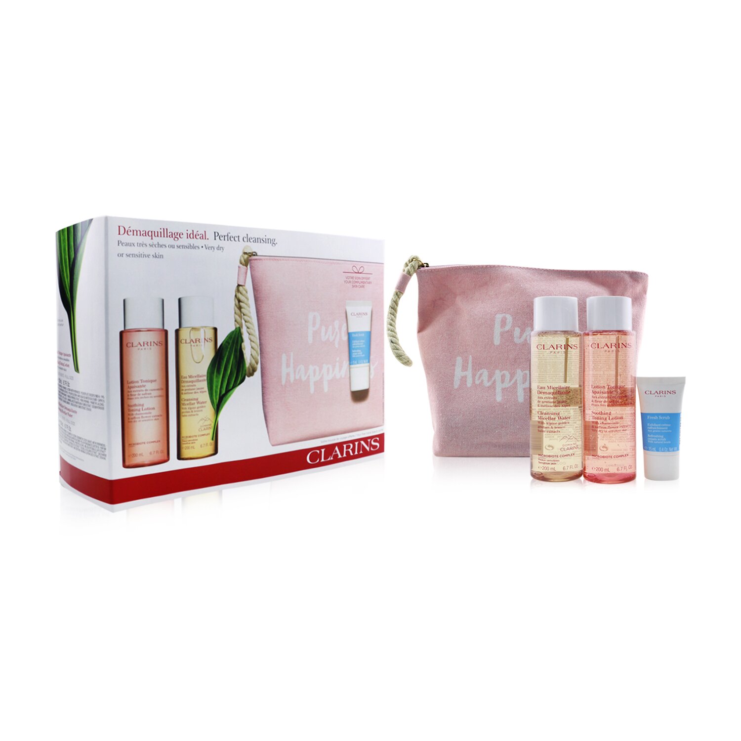 Clarins Perfect Cleansing Set (Very Dry or Sensitive Skin): Micellar Water 200ml+ Toning Lotion 200ml+ Fresh Scrub 15ml+ Bag 3pcs+1bag