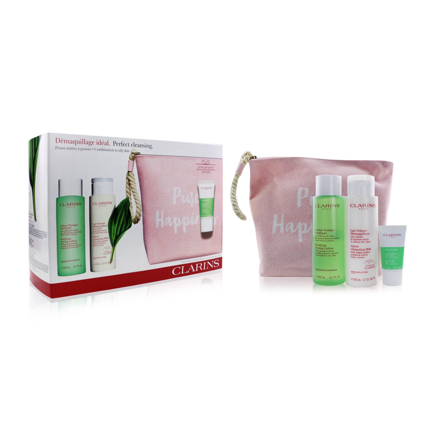 Clarins Perfect Cleansing Set (Combination to Oily Skin): Cleansing Milk 200ml+ Toning Lotion 200ml+ Pure Scrub 15ml+ Bag 3pcs+1bag