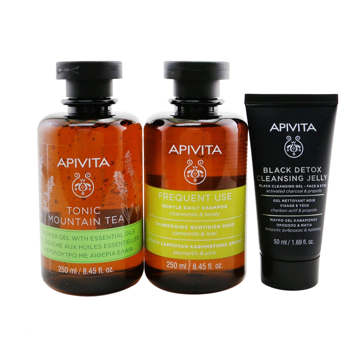 Apivita Nature's Greetings Set: Tonic Mountain Tea Shower Gel 250ml+ Gentle Daily Shampoo 250ml+ Black Cleansing Gel 50ml 3pcs