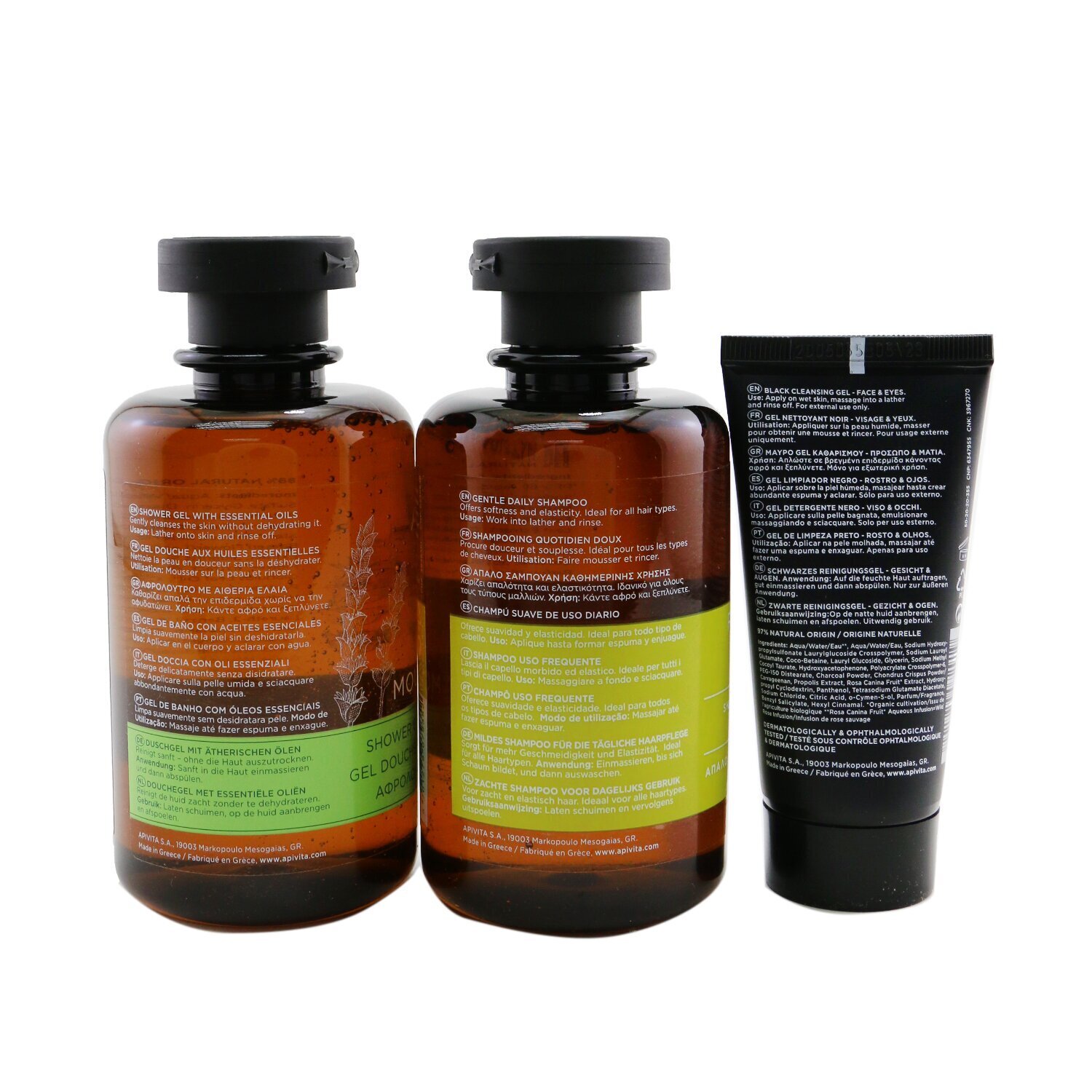 Apivita Nature's Greetings Set: Tonic Mountain Tea Shower Gel 250ml+ Gentle Daily Shampoo 250ml+ Black Cleansing Gel 50ml 3pcs