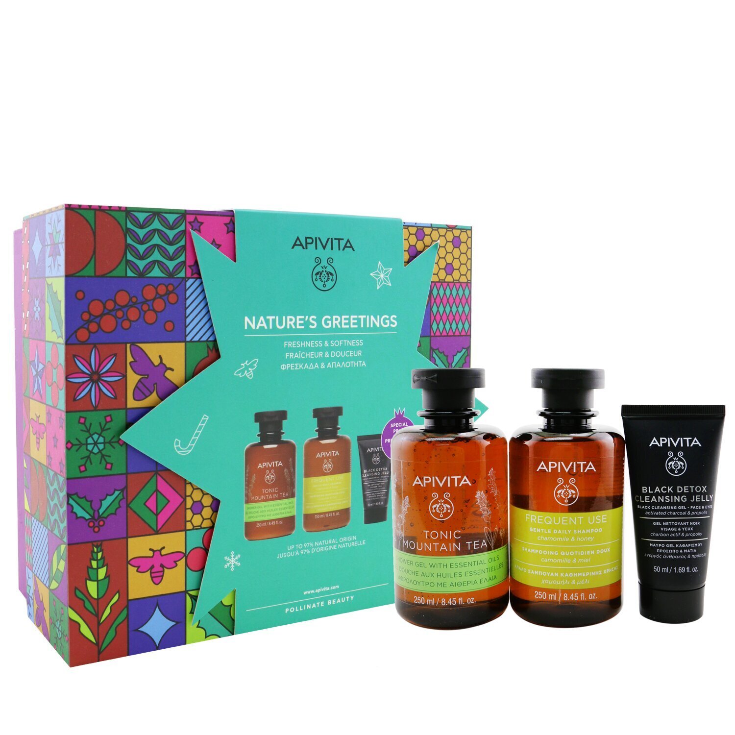 Apivita Nature's Greetings Set: Tonic Mountain Tea Shower Gel 250ml+ Gentle Daily Shampoo 250ml+ Black Cleansing Gel 50ml 3pcs