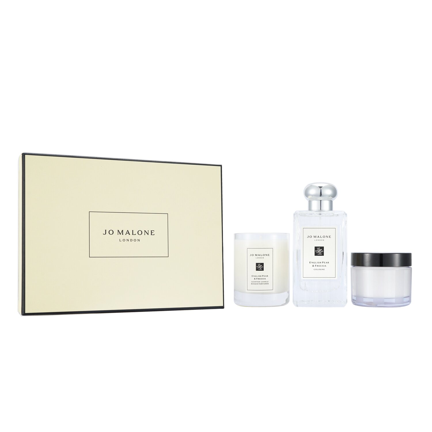 Jo Malone English Pear & Freesia Coffret: Σπρέι Κολωνίας 100ml/3,4oz + Κρέμα Σώματος 50ml/1,7oz + Αρωματικό Κερί 4,78cm/1,88ίντσες (Ύψος) 3pcs