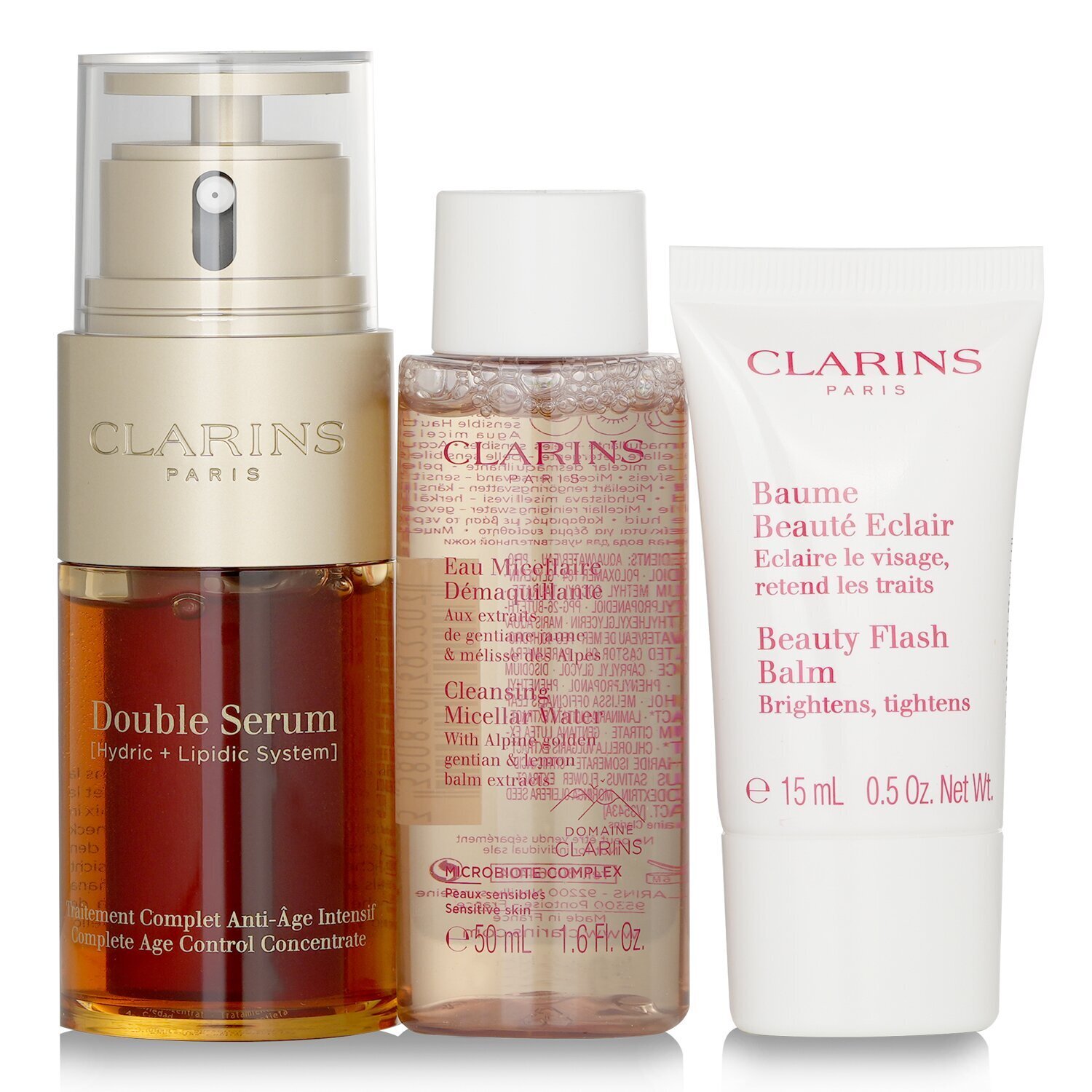 クラランス Clarins 【ユースフルラディアンスセット】ダブルセラム 30ml+ クレンジングミセルウォーター 50ml+  ビューティーフラッシュバーム 15ml 3pcs | ストロベリーネット Strawberrynet