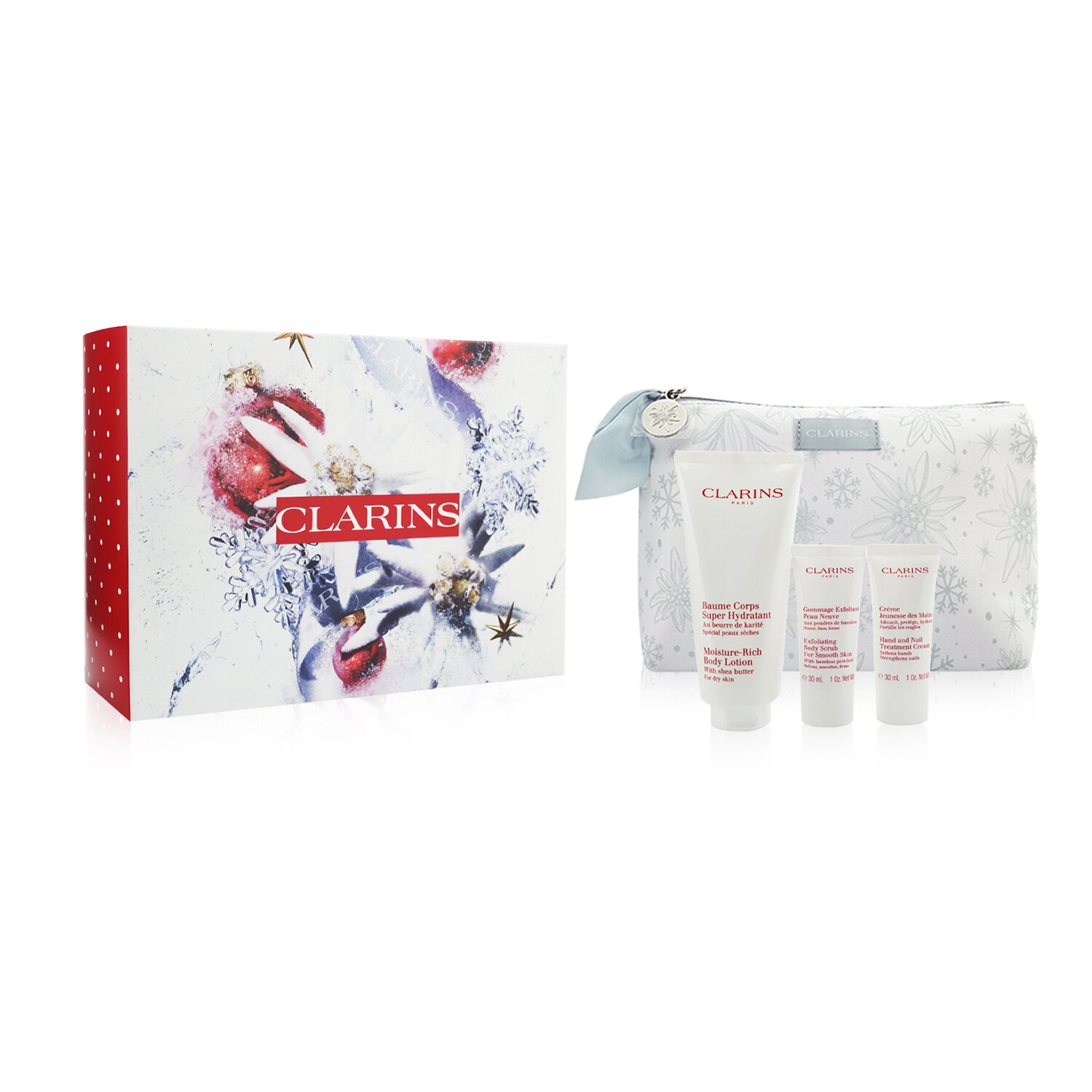 Clarins Body Care Essentials Collection: Loción Corporal Rica en Hidratación 200ml + Exfoliante Corporal 30ml + Crema de Manos & Uñas 30ml + Bolsa 3pcs+1bag