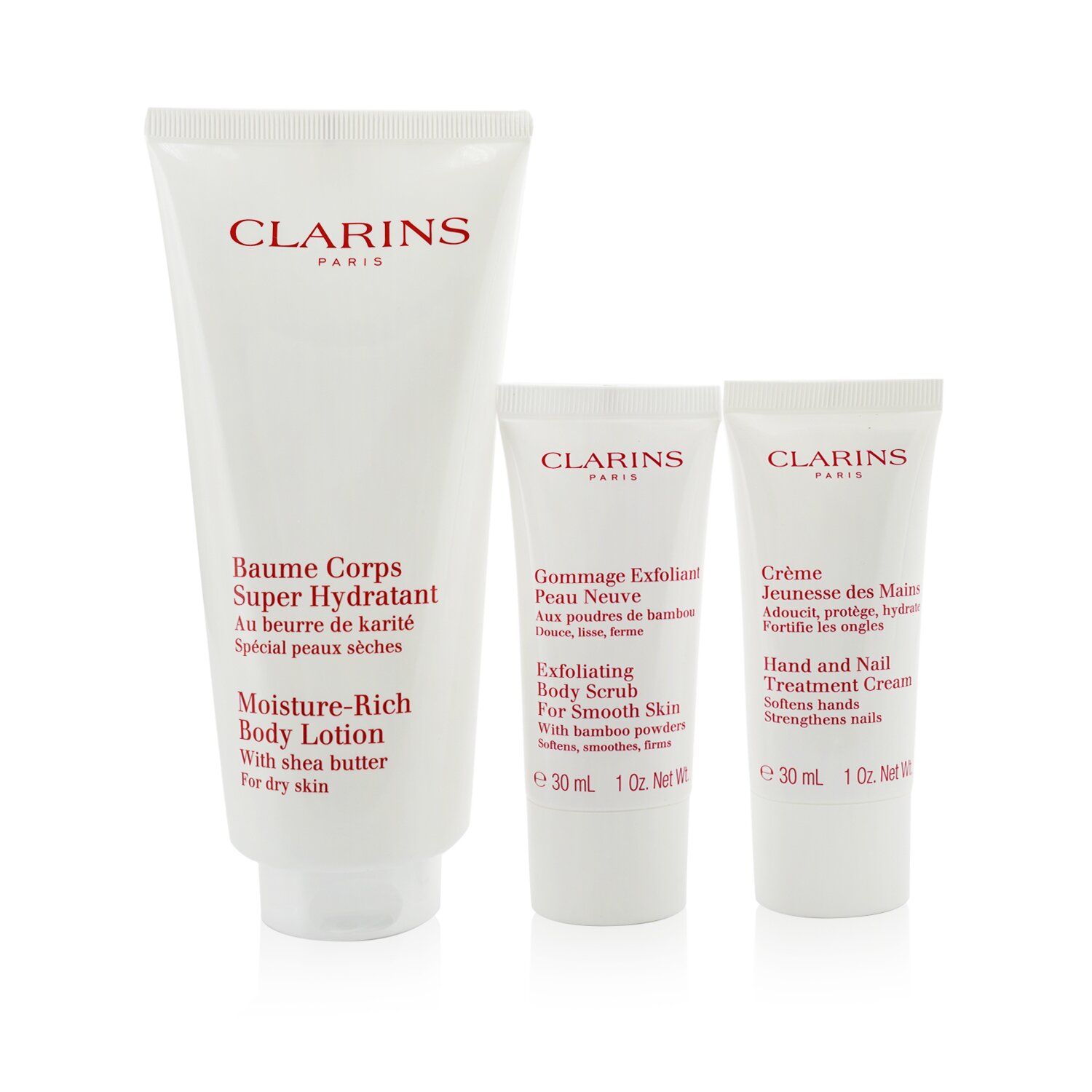 Clarins Body Care Essentials Collection: Loción Corporal Rica en Hidratación 200ml + Exfoliante Corporal 30ml + Crema de Manos & Uñas 30ml + Bolsa 3pcs+1bag