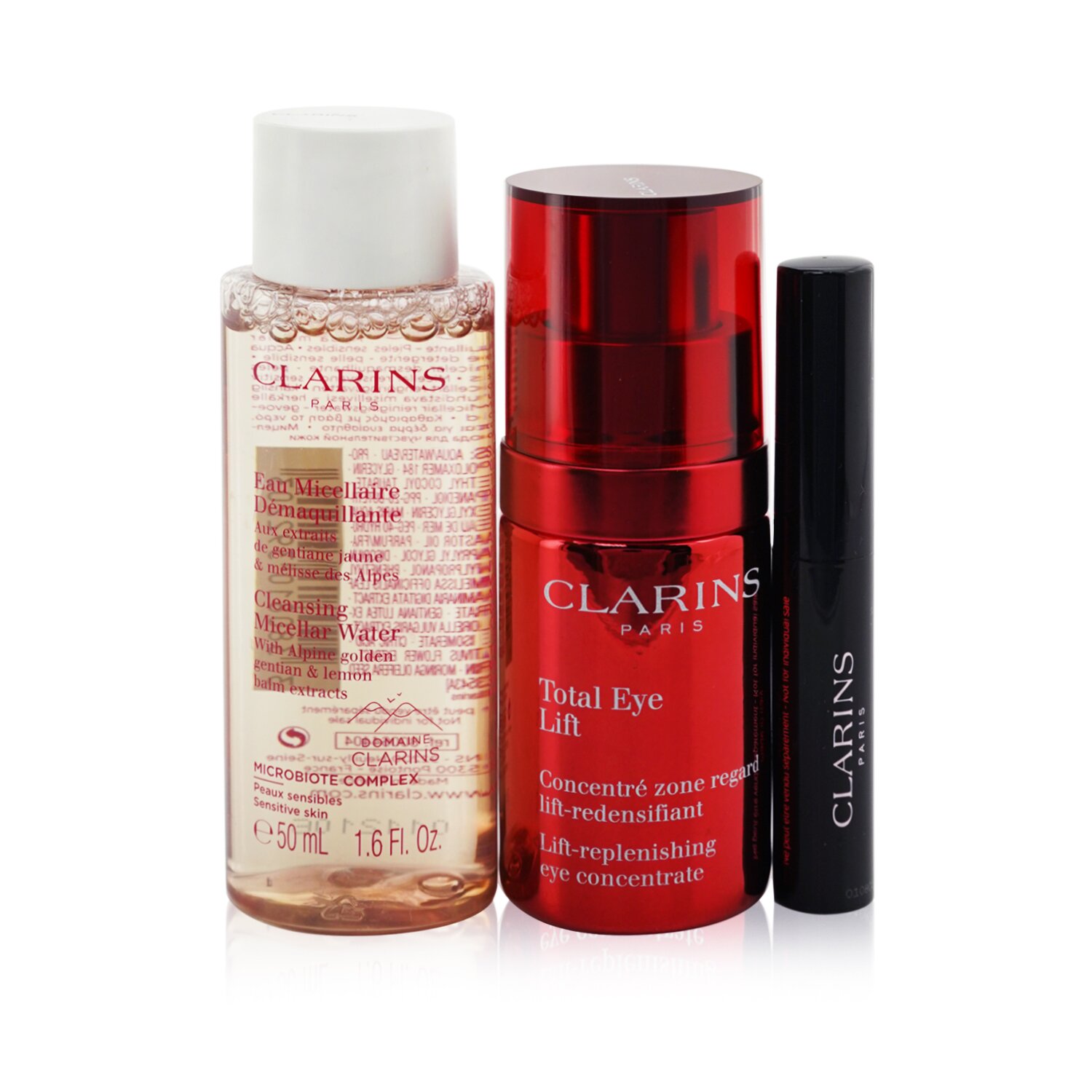 Clarins Total Eye Routine: Total Eye Lift 15ml+ Cleansing Micellar Water 50ml+ Wonder Perfect Mascara 4D #01 3ml+ Bag 3pcs+1bag