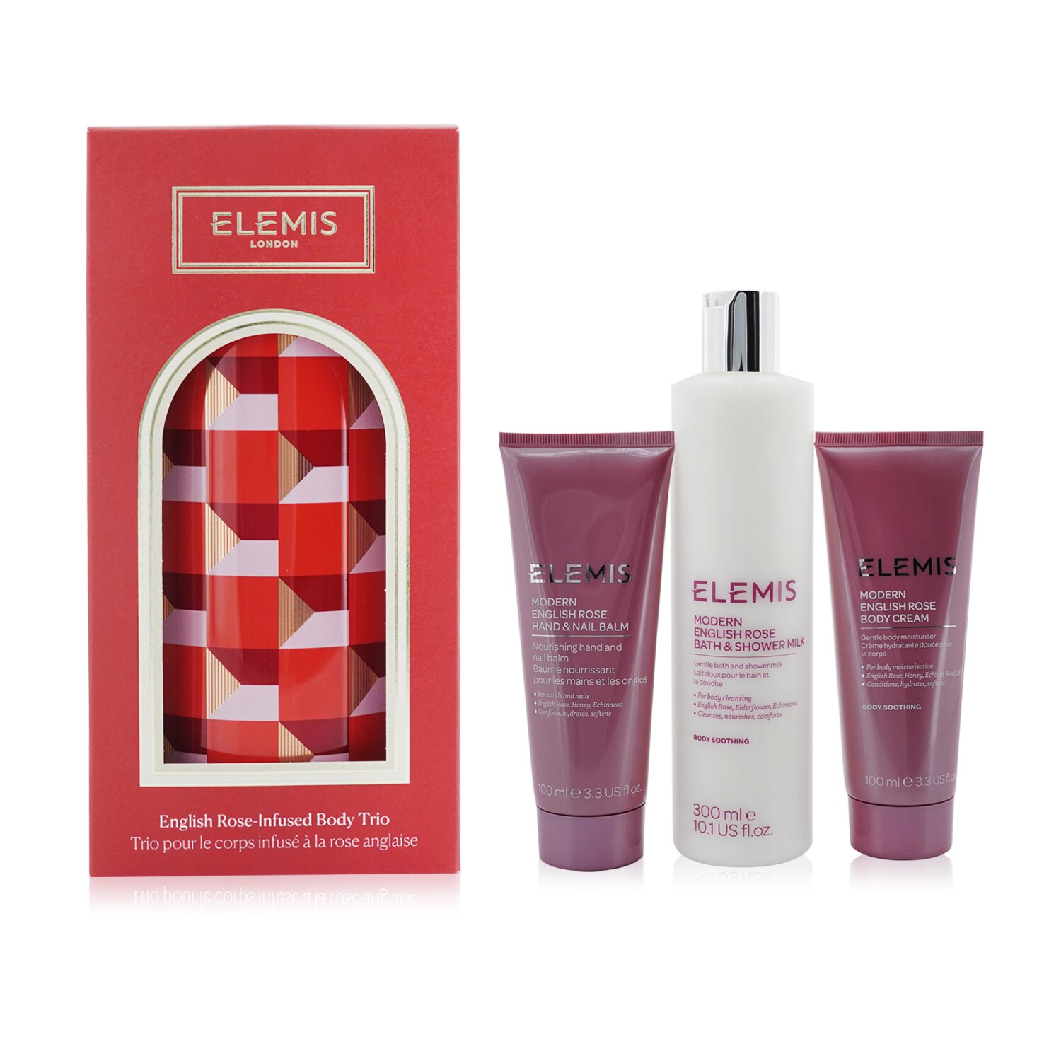 Elemis English Rose-Infused Body Trio Set: Bath & Shower Milk 300ml+ Hand & Nail Balm 100ml+ Body Cream 100ml 3pcs