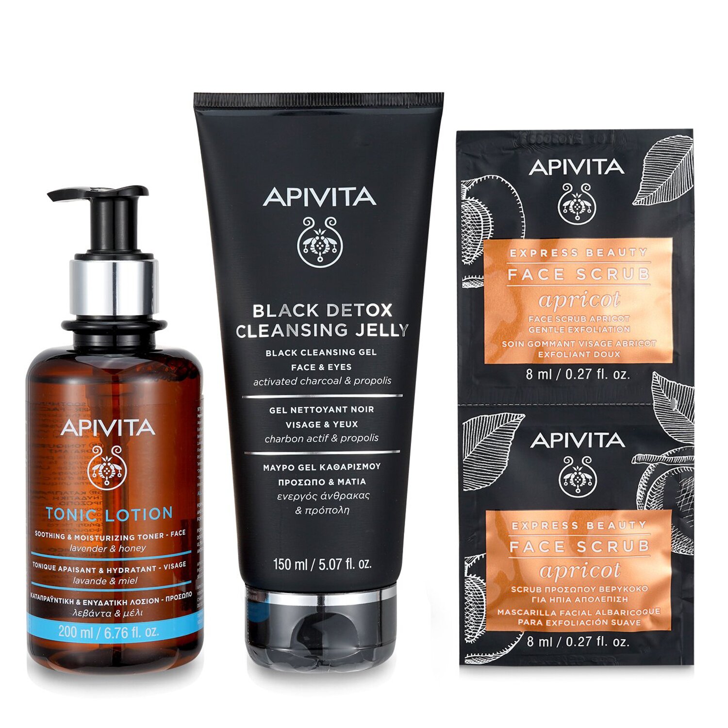 Apivita Is It Clear? Cleansing & Soothing Set: Cleansing Jelly 150ml+ Tonic Lotion 200ml+ Face Scrub with Apricot 2x8ml 3pcs