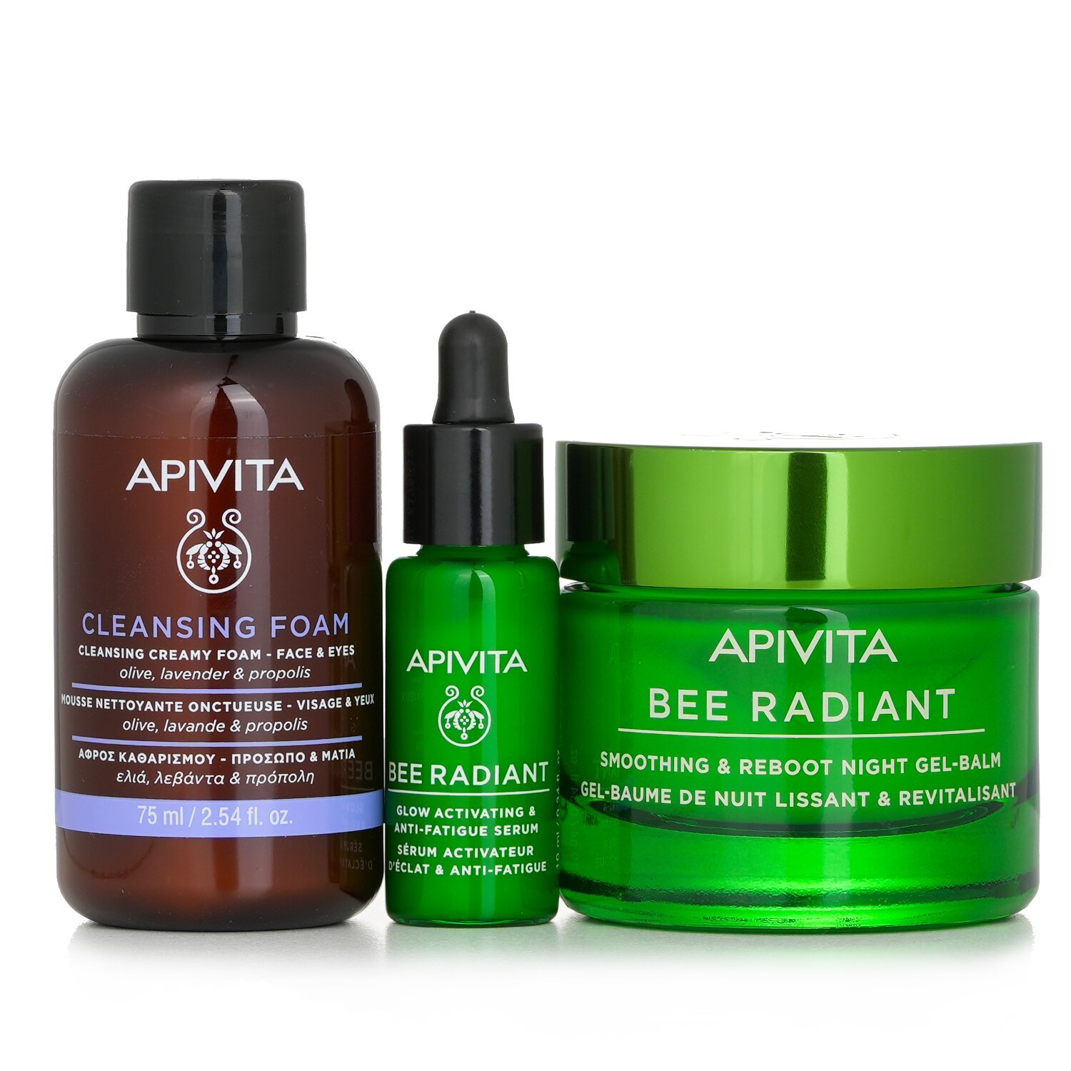 Apivita Fresh & Glow (Bee Radiant- Night) Gift Set: Night Gel-Balm 50ml+ Serum 10ml+ Cleansing Creamy Foam 75ml+ Pouch (Exp. Date: 05/2024) 3pcs+1pouch