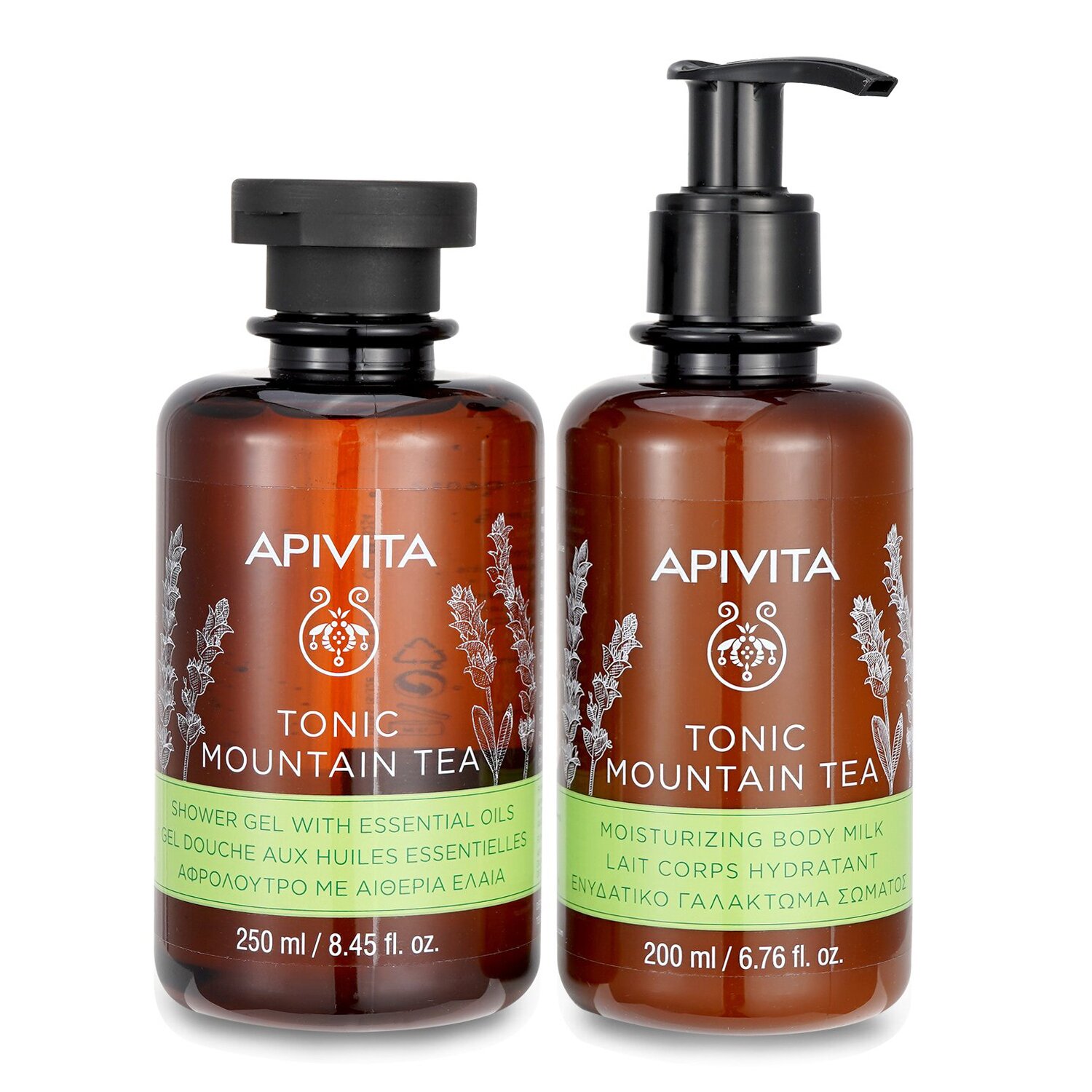 Apivita Uplift Your Mood Toning & Revitalization Set: Tonic Mountain Tea Shower Gel 250ml+ Tonic Mountain Tea Body Milk 2pcs