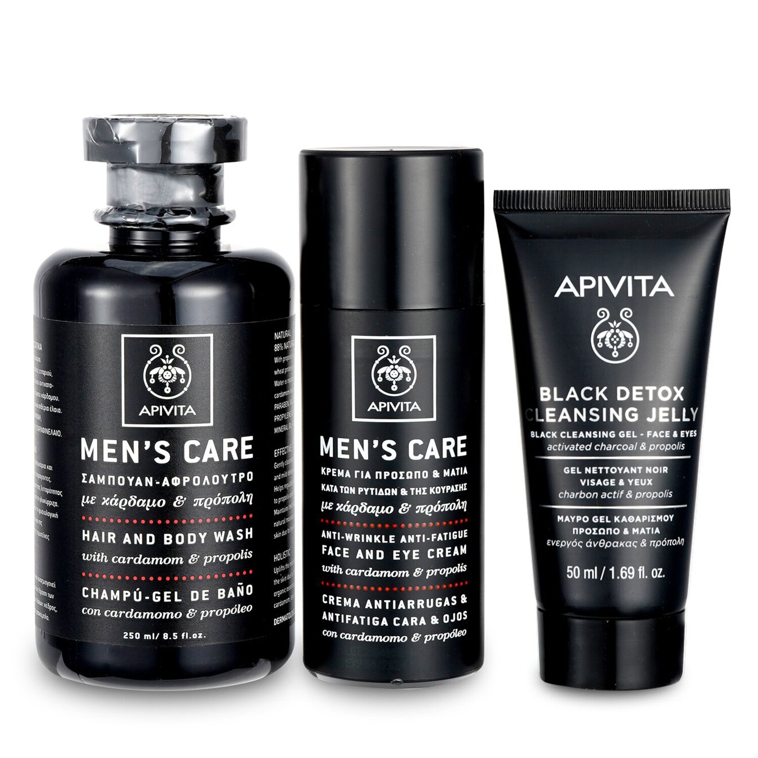 Apivita That's My Man Face & Body Treatment Set: Hair & Body Wash 250ml + Face & Eye Cream 50ml + Black Cleansing Gel 50ml 3pcs