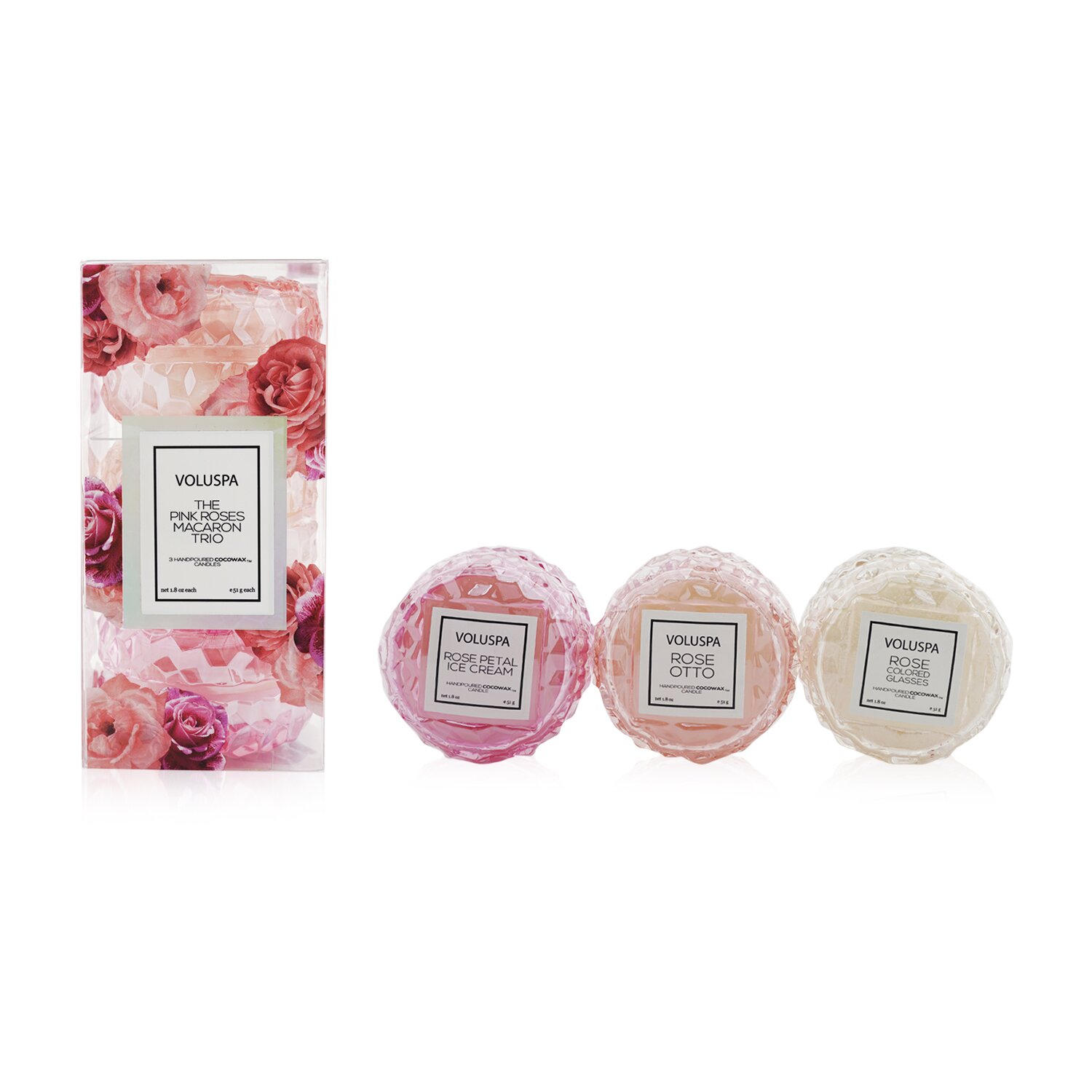 Voluspa Macaron Candle Coffret: Rose Petal Ice Cream, Rose Otto, Rose Colored Glasses 3x5.1g/1.8oz