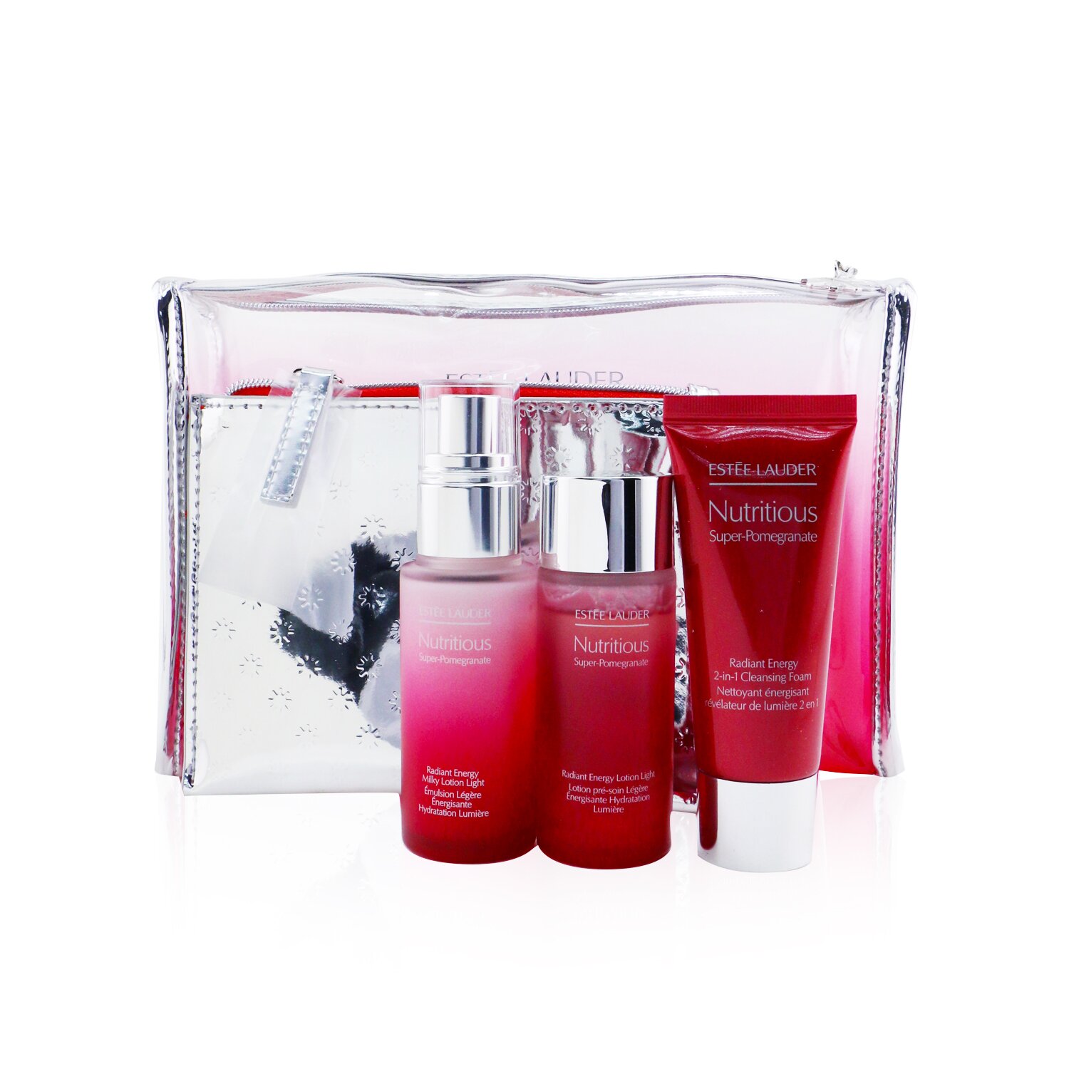 Estee Lauder Nutritious Super-Pomegranate Radiant Travel Set: Milky Lotion Light 30ml+ Energy Lotion Light 30ml+ Cleansing Foam 30ml+ ... 3pcs+2bags