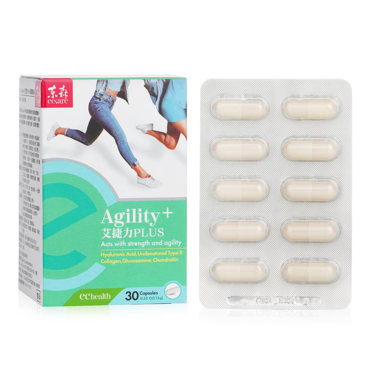 EcKare Agility+ - Strength and Agility - Hyaluronic Acid, Undenatured Type II Collagen, Glucosamine, Chondroitin 30 Capsules