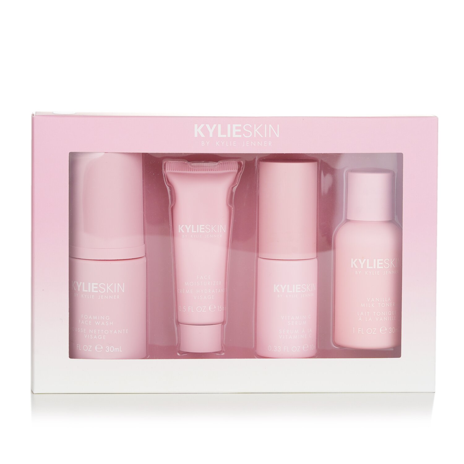 Kylie Skin 4 részes mini készlet: habzó arclemosó 30 ml + hidratáló arcápoló 15 ml + C-vitamin szérum 10 ml + vanília tejes tonik 30 ml 4pcs