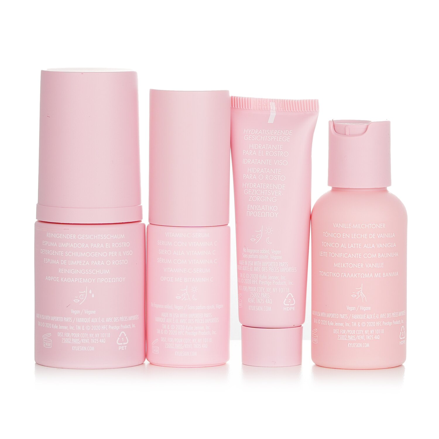 Kylie Skin 4 részes mini készlet: habzó arclemosó 30 ml + hidratáló arcápoló 15 ml + C-vitamin szérum 10 ml + vanília tejes tonik 30 ml 4pcs