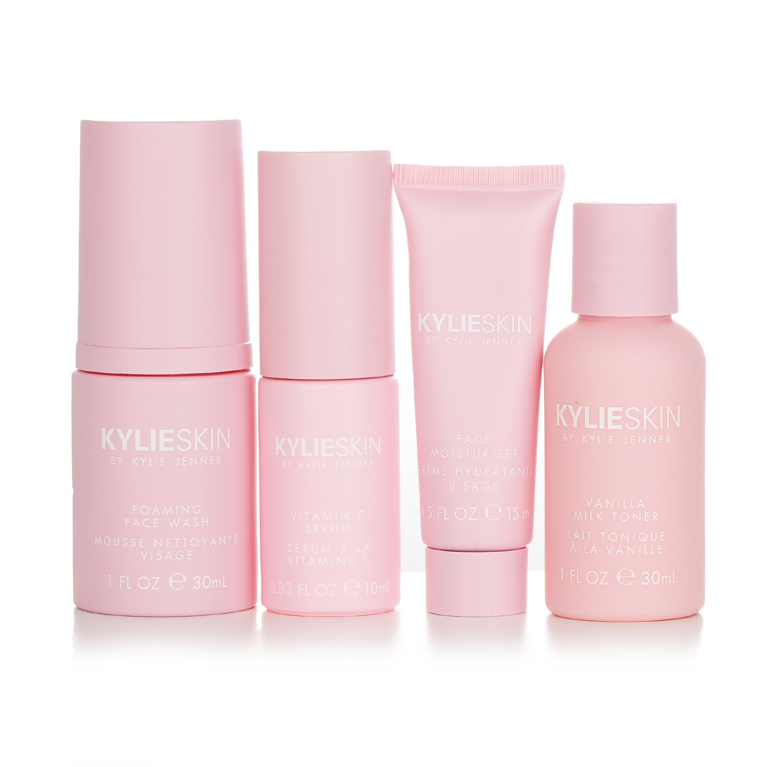 Kylie Skin 4 részes mini készlet: habzó arclemosó 30 ml + hidratáló arcápoló 15 ml + C-vitamin szérum 10 ml + vanília tejes tonik 30 ml 4pcs